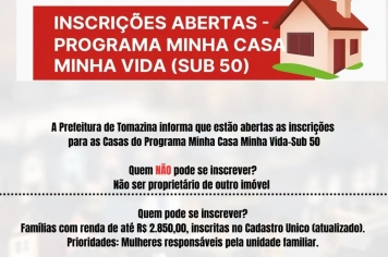 Prefeitura de Tomazina abre inscrições para o Programa Minha Casa Minha Vida – Sub 50