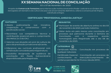 XX Semana Nacional de Conciliação de 3 a 7 de novembro em Tomazina